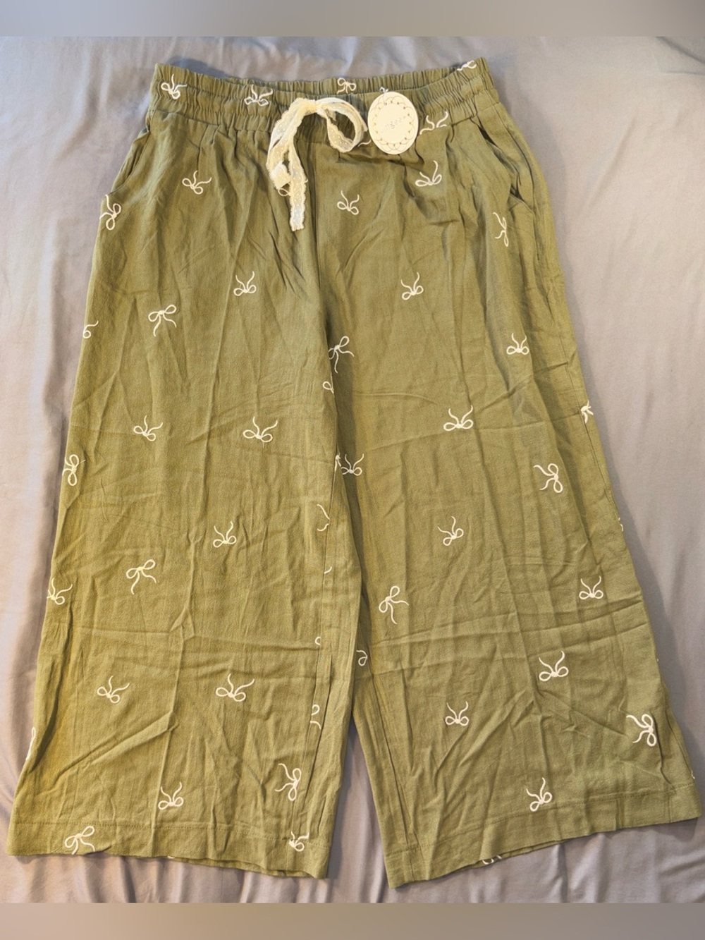 NWT Umgee Olive Green Embroidered Bow Wide Leg Pants 1XL Cotton Linen Crop Fall